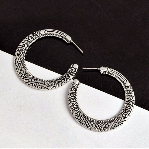Any 3/$25! Silver Engraved Boho Flat Hoop Earrings - Picture 6 of 10